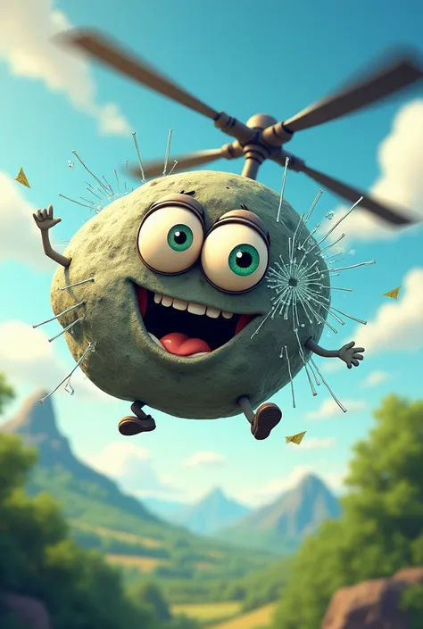 A small stone with eyes flies against the windshield of a helicopter and breaks the window  (Make everything funny )