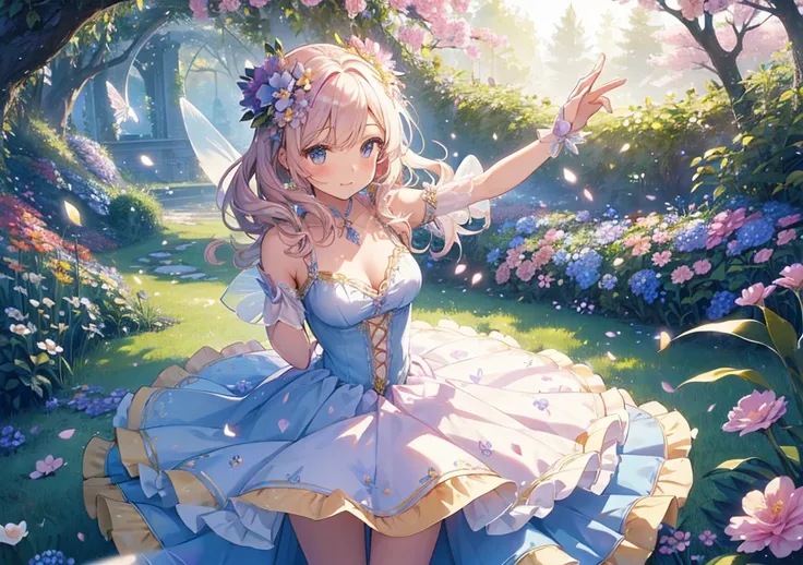 A beautiful girl dancing with flower fairies in a fairy tale worldA
beautiful girl is walking through a flower field, dancing with the flower fairies. Her dress is soft like a petal, and her hair is decorated with flower accessories. Colorful flowers are b...