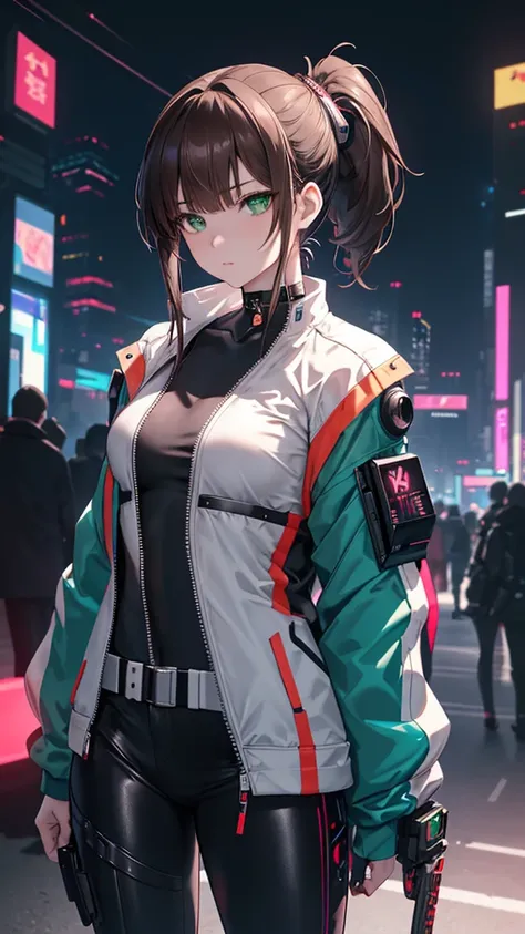 (masterpiece,  Best Quality , 8K,  clearly focused, Depth of Field,  the best shade , Perfect lighting, HDR, Realistic texture ,  high detail background),  anime style,  Long angle shot , (( cyberpunk theme)),  unique , 1 female,  Shes a mercenary , ( Gree...