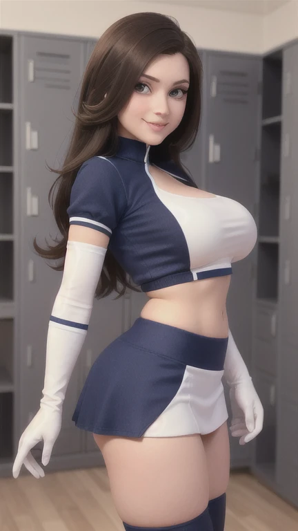 High Resolution, Caucasian woman in her 30s, long thick hair, busty, slim, college cheerleader uniform, exposed stomach, short skirt, white gloves, long gloves, elbow gloves, tall high heel boots, mischievous eyes, mischievous toothy smile, vibrant eyes, l...