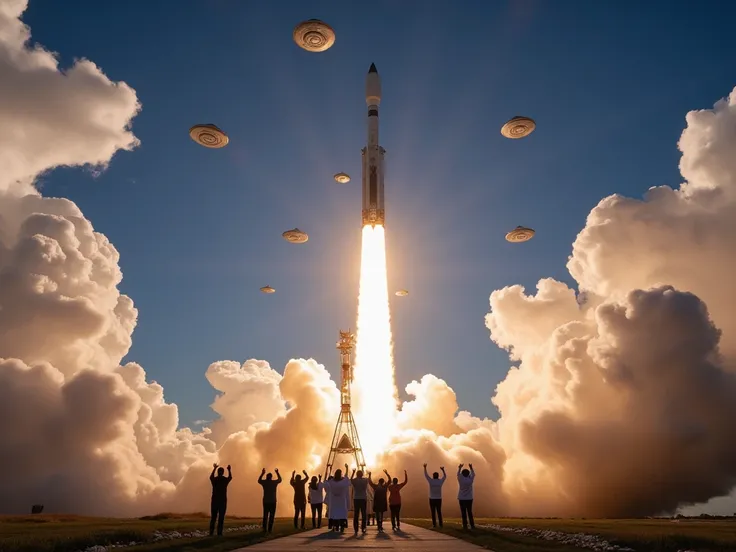 The 12 apostles of the Cosmic Scientific worldview, scientists, stand at the rocket, on the launch pad and raise their hands up so that the spacecraft successfully takes off into the sky. People are standing far away, they are watching the launch pad of th...