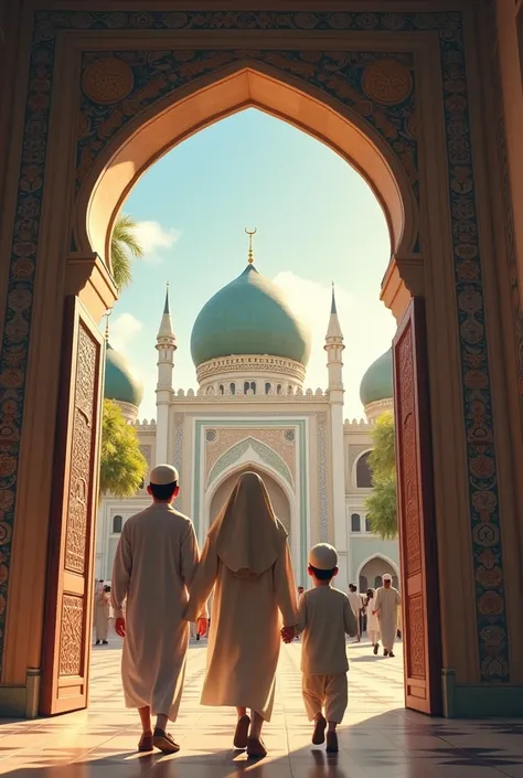 A Muslim family and going to prayer for Allah in de masjid