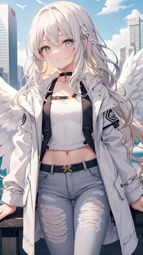 1 Girl,  medium chest , blond,  long hair, Wavy Hair,  gray eyes , White feather wings, Angel, outdoor, White jacket, choker, Vest,  jeans