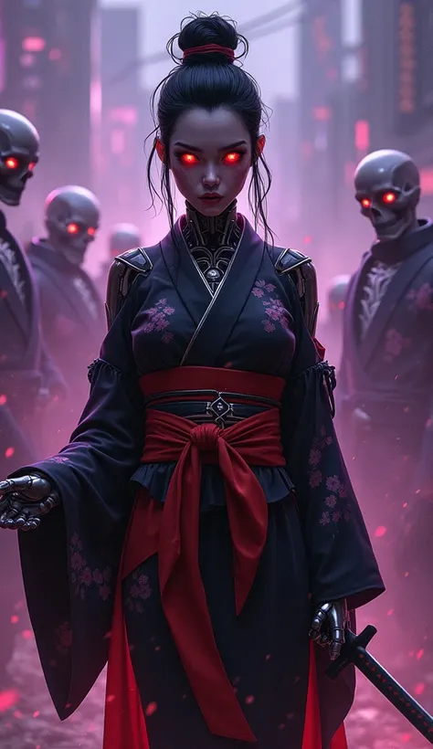 A striking and detailed full-body illustration of a sleek female cyborg with a skull-like face, glowing red eyes, and cyberpunk-inspired features. She is dressed in a traditional dark floral kimono with metallic accents, paired with a bold crimson sash, se...