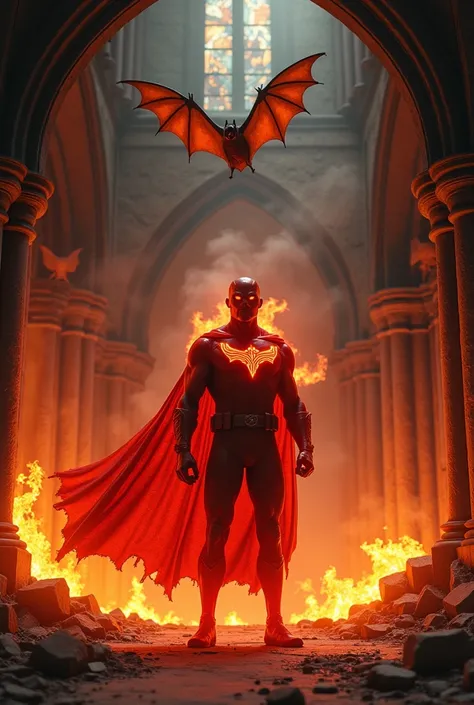 "Inside a crumbling cathedral consumed by flickering flames, the Infernal Flame superhero stands in the center, his fiery aura illuminating the gothic arches. Above him, a vampire bat with tattered wings and glowing red eyes circles ominously. The air vibr...