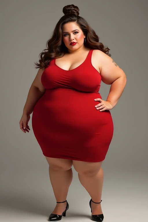 ((Bbw)), ((plumpy woman)), ((tall)), (milf), puffy cheeks, plump face, (south western woman), brown hair with a small bun, beautiful, big boobs, wide hips, wearing a short red dress with small black heels, lipstick, eyeshadow, (realistic masterpiece)