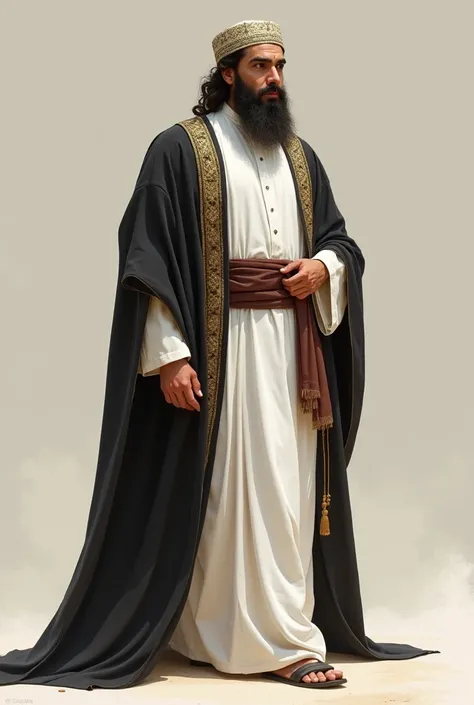 Create a portrait of a fictional character, a Muslim scholar, Amir Al-Hakim. He wears a tailored white thobe, complemented by a dark, embroidered shawl draped elegantly over his shoulders, exuding an air of both sophistication and humility. He has a comman...