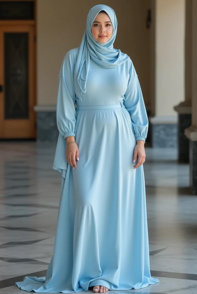 Young 21 yo arab woman, cute face, charming almond eyes, hourglass figure, (((Very large breasts))), narrow waist, broad hips, thick legs, (((curvy))), wearing light blue abaya and long hijab to cover her large breasts, standing pose 45 degree angle