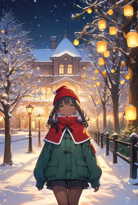 1girl,　dark skin,　Christmas,　red and green clothes,

masterpiece, best quality, ultra detailed, highres, 4k, 8k, extremely detailed CG,

christmas lights, snowy night, colorful decorations, glowing trees, festive atmosphere,

a grand mansion adorned with g...