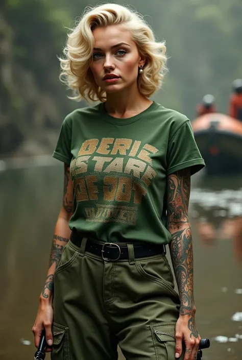 Marylin monroe tattoed- wearing t.shirt green PSIG MARCK -  green military trousers- knife and burst zodiac boat