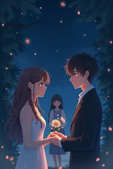 Make an image of an anime courting in the middle of the night holding hands and being watched by a woman who is looking at them while carrying flowers 