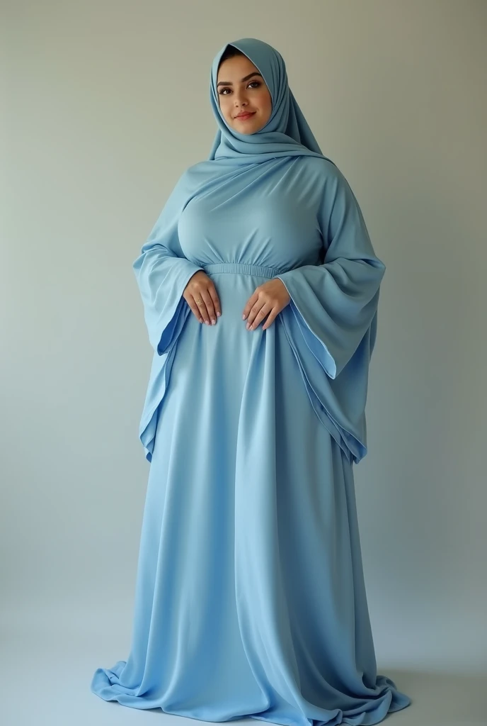 Young 21 yo arab woman, cute face, charming almond eyes, hourglass figure, (((Very large breasts))), narrow waist, broad hips, thick legs, (((curvy))), wearing light blue abaya and long hijab to cover her large breasts, standing pose 45 degree angle