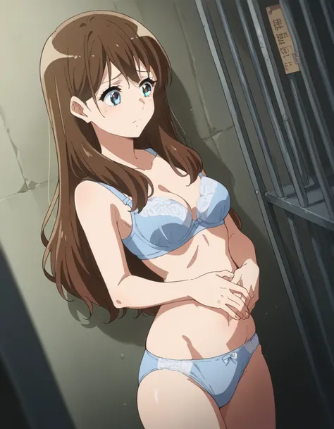 score_9, score_8_ up, score_7_ up,  Source_Anime, mayu kuroe,  long hair, bangs,  blue eyes, Brown Hair,  medium breasts,, Light blue bra and panties,, prison, bar, ,  alert,  trapped, ,  put your hand on your stomach, ,,  viewers, Alone,,  Dutch angle to ...