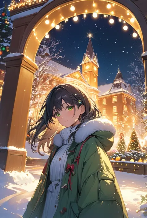 1girl,　dark skin,　Christmas,　red and green clothes,　upper body,

masterpiece, best quality, ultra detailed, highres, 4k, 8k, extremely detailed CG,

christmas lights, snowy night, colorful decorations, glowing trees, festive atmosphere,

a grand mansion ad...