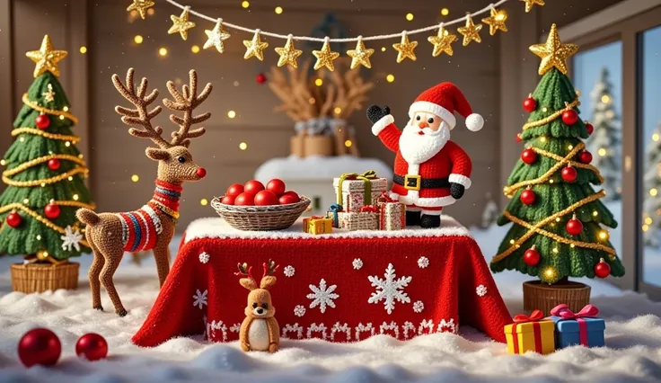  Red tablecloth ，Filled with gifts ， There are stars on the table ，Bell，Gift Box， A plate of red apples ，candy， garland hanging on the wall ，花环下面有Bell， There is a snowflake pattern on the tablecloth， Ultra HD ， No Santa Claus ，There are deer on the table 