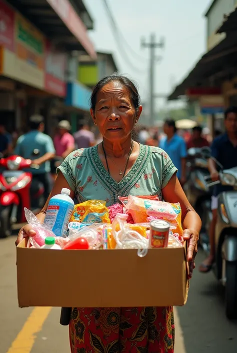 a Indonesian female street vendor at busy terminal , carrying a large box filled with various items such as snacks, soft drink and small accessories