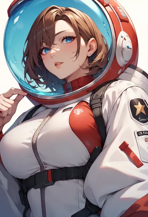 Girl, solo, red spacesuit, Japanese anime style, light blue lenses, beauty, big breasts, personification of among ns, blue eyes, brown hair