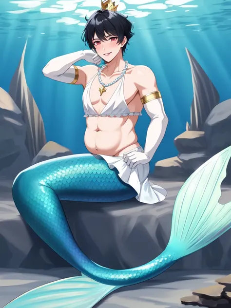 Merman, scales blue merman tail below waistline, short hair, male, red eyes, black hair, fin ears, underwater, smile, yellow blush, yellow eye shadow, earings, pearl necklace, pearl bracelate, full body, pregnant, sit on giant clam, sabrina tank top, crown...