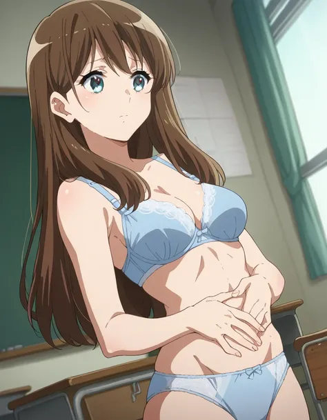 score_9, score_8_ up, score_7_ up,  Source_Anime, mayu kuroe,  long hair, bangs,  blue eyes, Brown Hair,  medium breasts,, Light blue bra and panties,,  in the classroom, ,  put your hand on your stomach, ,,  viewers, Alone,,  Dutch angle to the side,  cow...