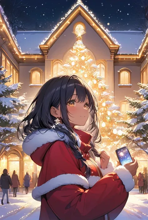 1girl,　dark skin,　Christmas,　upper body,

masterpiece, best quality, ultra detailed, highres, 4k, 8k, extremely detailed CG,

christmas lights, snowy night, colorful decorations, glowing trees, festive atmosphere,

a grand mansion adorned with golden Chris...