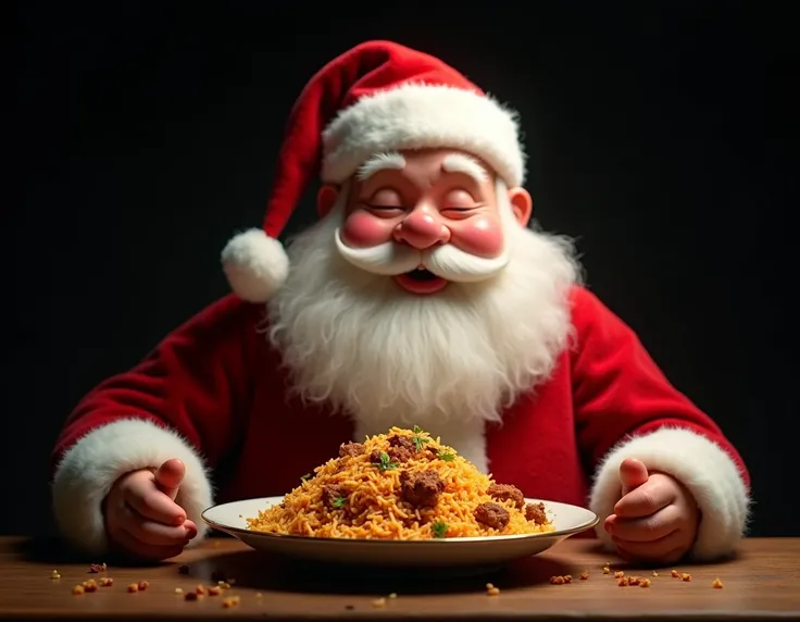 generate a video "santa  eating biryani and background black "