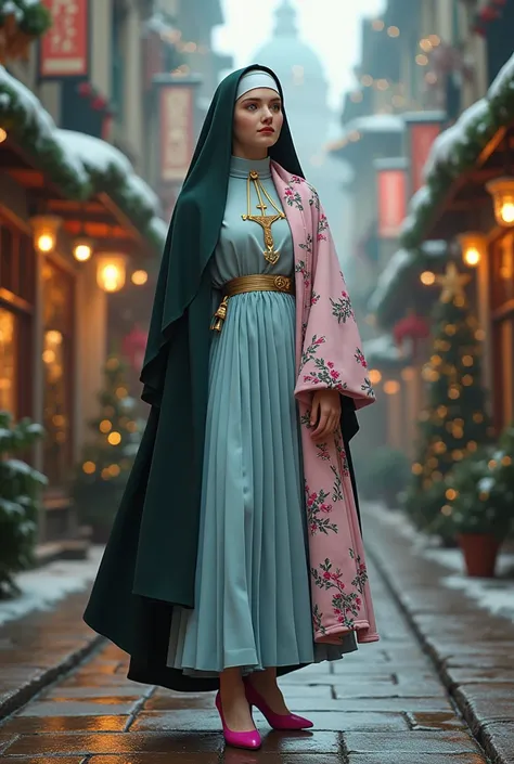 A blond nun with emerald silk veil, silver bandeau, black coif, pink guimpe with juniper prints, light blue pleated habit, fuchsia heels, golden crucifix and rosary in Christmas city