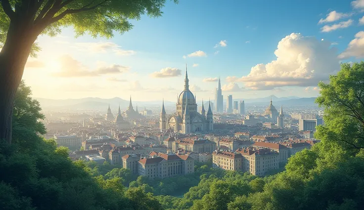 A beautiful city with view, beautiful vanilla clouds in background, beautiful trees and buildings in background, sun shines, 