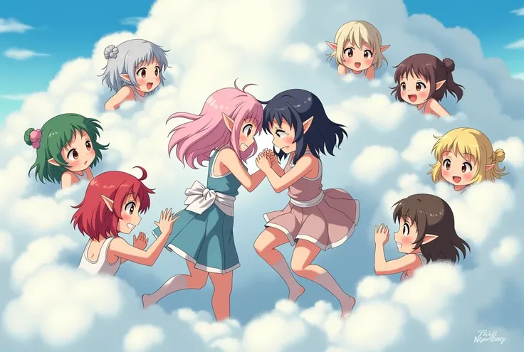 An anime-style art depicting many elf-girls playfully wrestling with each other inside a  comical fight cloud(magic cloud).
each elf-girl has different  colored hair.
their faces,hands,and feet are visible emerging from the cloud as they tussle humorously,...