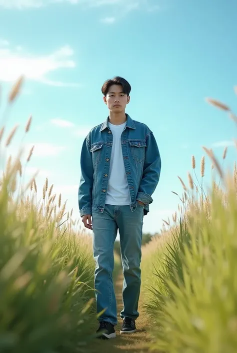 Ppprompt
(top best Quality)(master piece)(hyper high resulotion 8K UHD)( hyper realistic skin texture) expanse of tall grass, blue sky bright white clouds, there is a handsome Asian man with short hair parted on the side, blue jeans jacket white t-shirt bl...