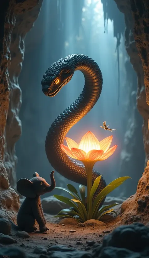 Inside a cave, a black snake is sitting on a magical flower and a small elephant  is standing in front of it.