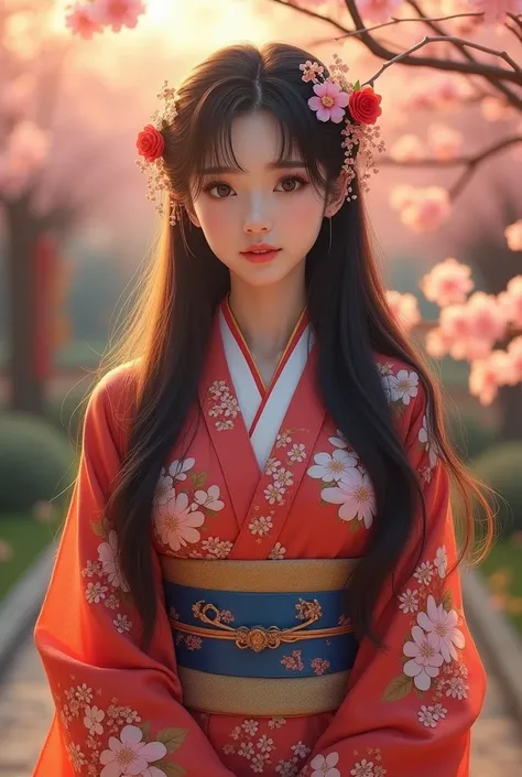 a beautiful asian girl with long silky hair, detailed facial features, big bright eyes, full lips, flowing hair cascading down, elegant pose, intricate kimono with cherry blossom patterns, serene outdoor garden setting, golden hour lighting, cinematic comp...