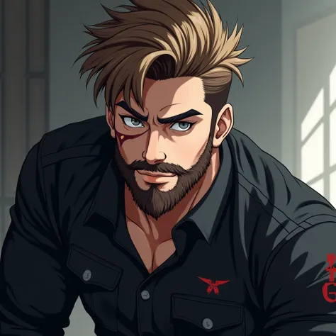 Young man anime style ,  light brown hair, gray eyes,  full lumberjack style beard, wearing black military clothing ,  cut scar on the left eye, determined gaze,  smile from the corner of your mouth, 