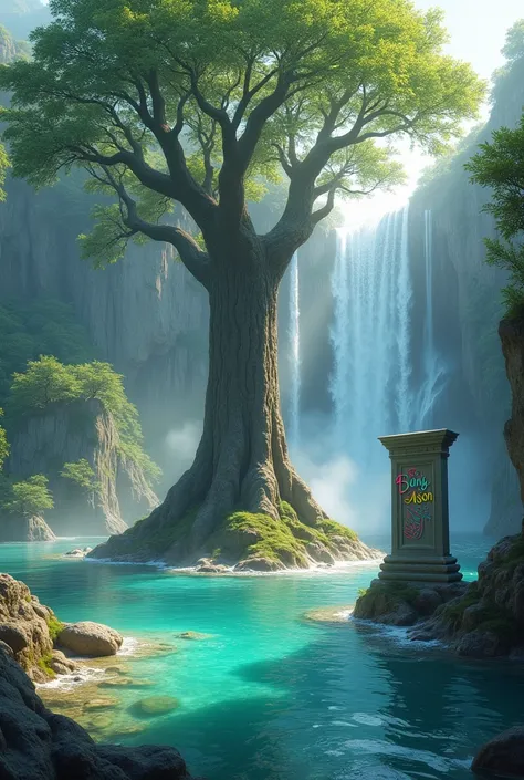 Create a serene landscape featuring a majestic tree set against a backdrop of cascading waterfalls. The scene should include a tranquil turquoise pool at the base of the falls, surrounded by lush greenery and rocky shores. Soft mist rising from the water s...