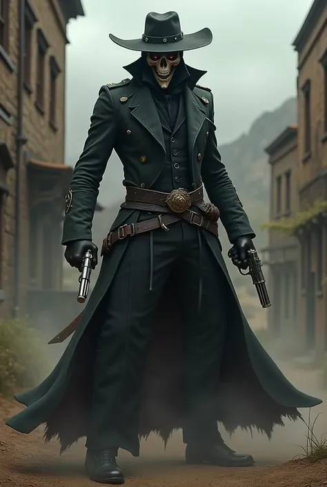 Half human man, half vampire, wearing a skull mask that covers only the mouth and nose, hat, a revolver in each hand, using a katana from the back, wearing traditional old west clothing.
