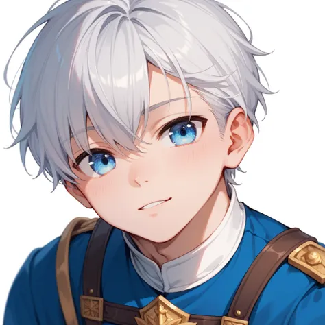 1 male, Good looking, Knight uniform, bust,  white background,  short silver hair,  blue eyes, youth