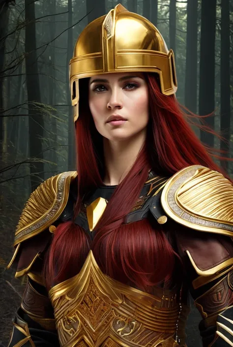 Digital illustration of a female warrior with long red hair and a golden helmet. she is holding a sword in her right hand and is standing in front of a dark background with a tree-like structure in the background. the warrior appears to be in a battle-read...