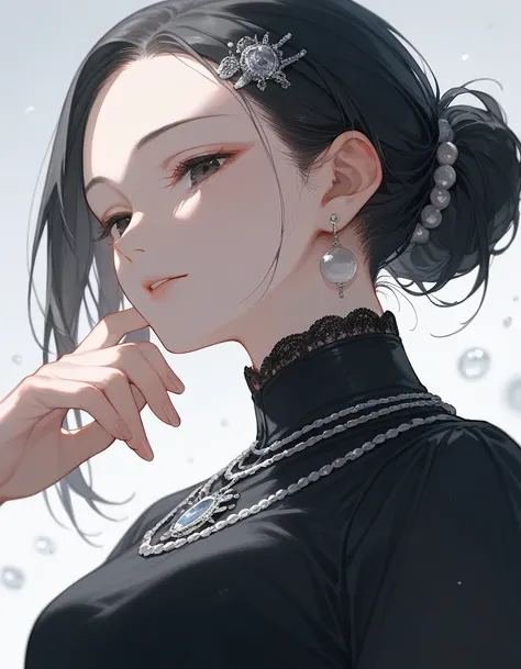 below, (close up), score_9, score_8_up, score_7_up, (solo), 1girl, earrings, jewelry, ((jewelry in hair)), beads, (milf), ((bang)), hair bun, (silver crown), high neck top, black hair, ((((lace)))), black eyes, ((pose)), medium breasts,, (hands), forehead,...