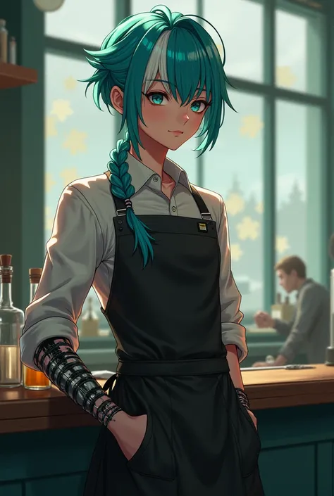 Vionyx Saturn. A young bartender with a very intellectual mind. He has a teal-cyan hair with a white tip, along with a pair of graying eyes. He has an asymmetrical bangs, with an undercut hair, alongside a braided bangs of his longer hair on the side (atsu...