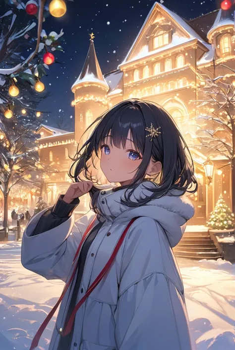 1girl,　dark skin,　Christmas,　upper body,

masterpiece, best quality, ultra detailed, highres, 4k, 8k, extremely detailed CG,

christmas lights, snowy night, colorful decorations, glowing trees, festive atmosphere,

a grand mansion adorned with golden Chris...