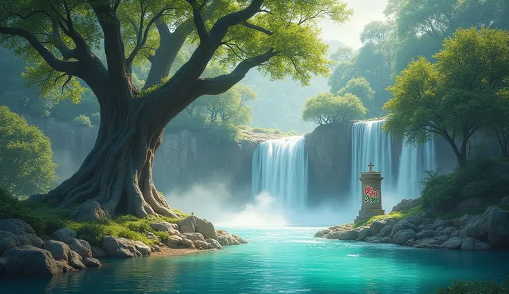 Create a serene landscape featuring a majestic tree set against a backdrop of cascading waterfalls. The scene should include a tranquil turquoise pool at the base of the falls, surrounded by lush greenery and rocky shores. Soft mist rising from the water s...