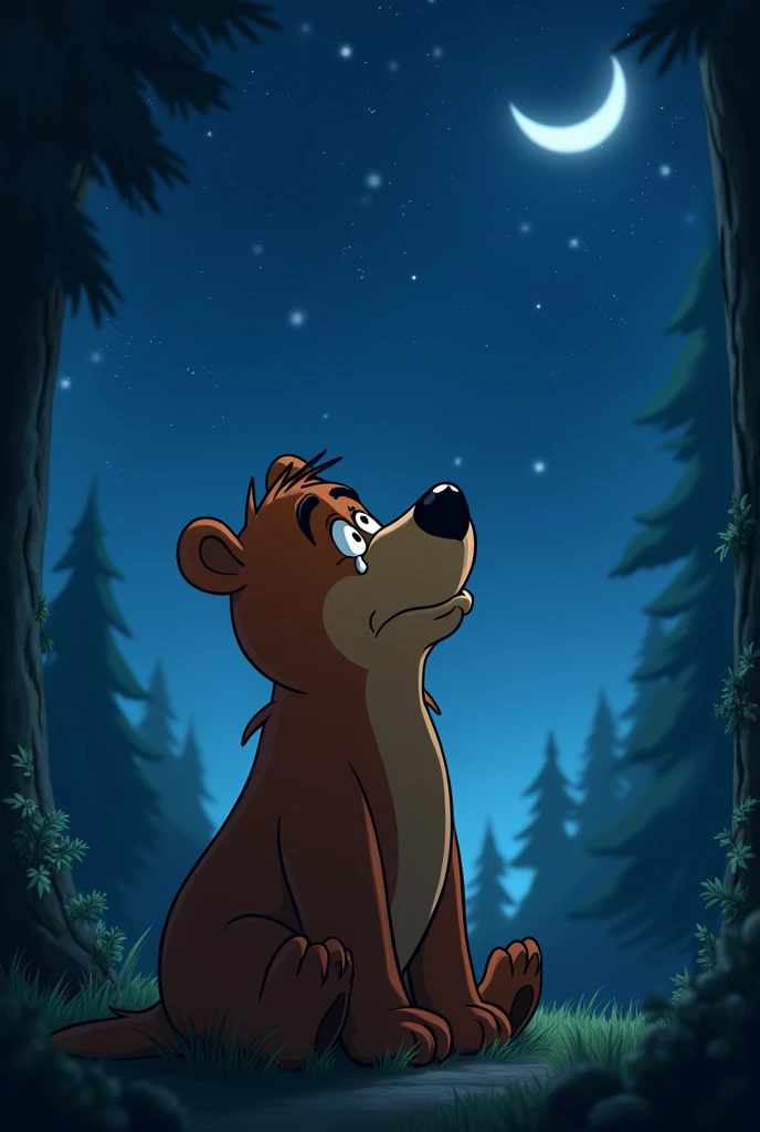 Create me an image of the Yogi Bear looking at the sky very sad with tears in his eyes, in the sky, stars and the Moon