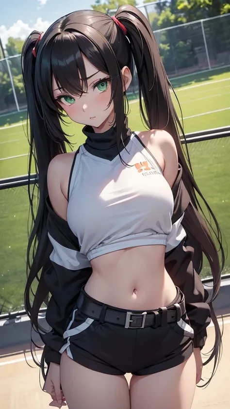 ( masterpiece : 1.3), (8k, realistic, foto RAW,  best quality: 1.4,)  A girl ( long hair,  long twin tails ,  black hair,  green eyes) Short sweatshirt  (high belt, covering the navel, short cinza) topless ( medium breasts sprawled,  fine winding) sports e...