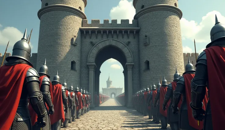 medieval gate entrance, front, guards, medieval guard towers on each side, close up