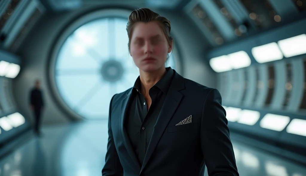 "A man in his 30s, dressed in an elegant yet futuristic suit, with slicked-back hair. He is standing in a sleek, modern setting, waiting to board a spaceship. The scene is a close-up shot, with the man looking confident and ready. The background shows a hi...