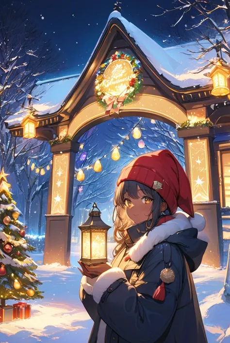 1girl,　dark skin,　Christmas,　upper body,

masterpiece, best quality, ultra detailed, highres, 4k, 8k, extremely detailed CG,

christmas lights, snowy night, colorful decorations, glowing trees, festive atmosphere,

a grand mansion adorned with golden Chris...