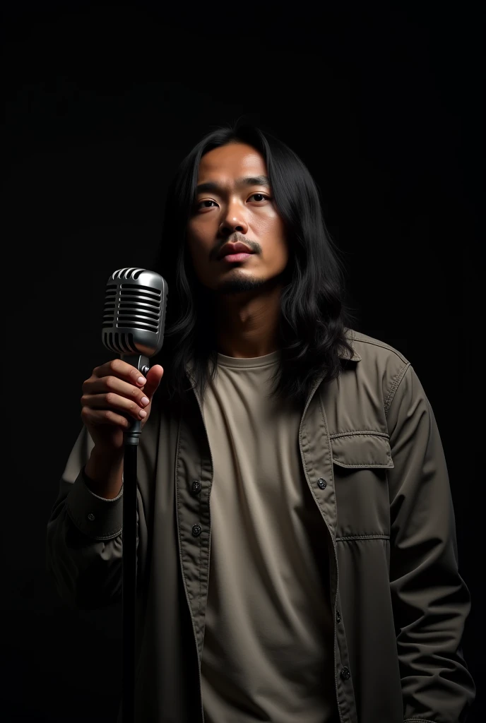 foto realistic,  indonesian man  , long straight hair over shoulder, wearing a t-shirt and jacket , holding an old microphone ,about to sing , begron black plain   ,ultra HD,hyper realistic,extreme detail,  super image quality  ,16K