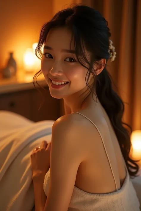 Photorealistic of beautiful Japanese , oil massage, oilyskin , massage parlor , photo of a Japanese actress , portrait , smile , Leaning forward , from behind , full body