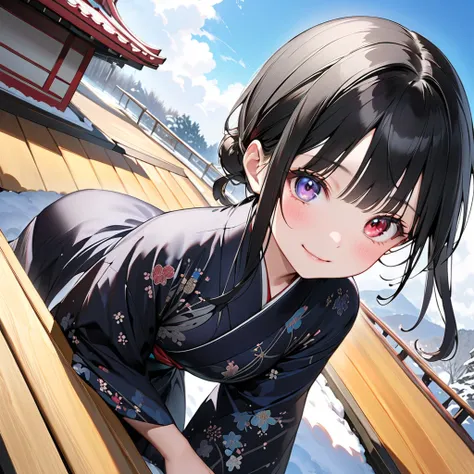 g
Masterpiece , ultra detail on a Japanese futon, top quality ,8k, illustrations, cute face, clean skin , shiny hair, girl, yuzuki yukari,, black hair, black eyes,smile,blush、short hair, (long sidelocks:1.5), ( small tits:1.5),(Black Pattern Kimono:1.5), f...