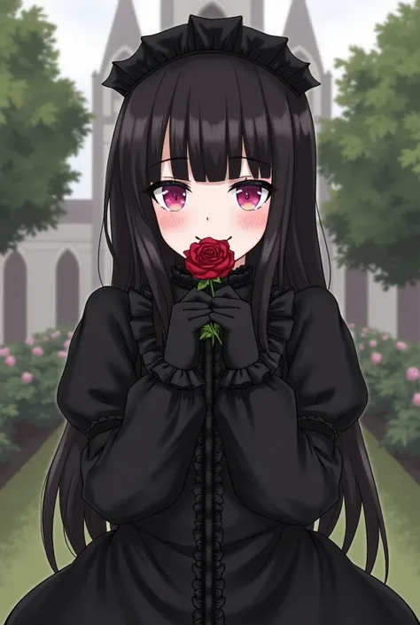 1girl, petite, black hair, long hair, straight hair, blunt bangs, smile, (= =:1.2), goth fashion, gothic architecture, black gothic dress, long sleeves, puffy sleeves, gothic head dress, black gloves, red rose, outdoors, garden, face focus, hands on own mo...