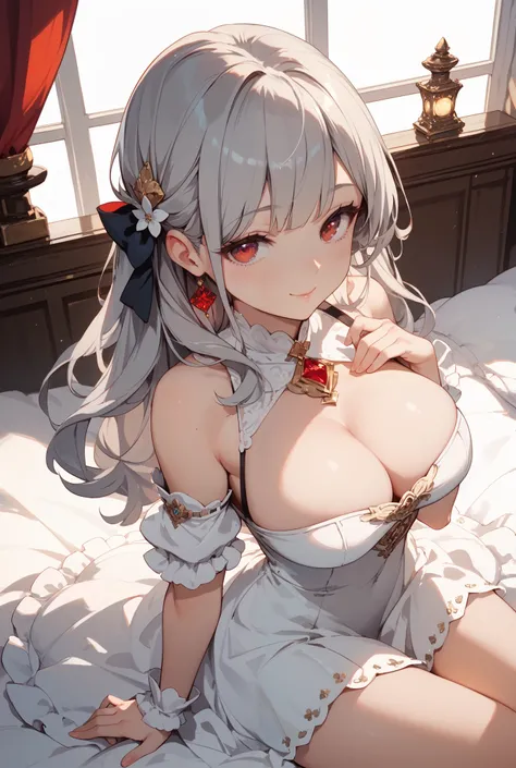 A anime girl , gray long hair a white dress a red eyes a face very cute . She is big butt a big breasts she is very cute and very beautiful.  Is sitting in a bed shoulders a white dress she s ago